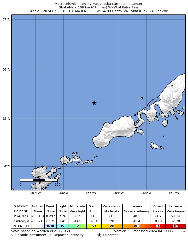 USGS ShakeMap: estimated shaking intensity around the epicenter