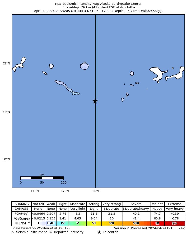 USGS ShakeMap intensity contours for the M4.6 earthquake near 248 km WSW of Adak, Alaska