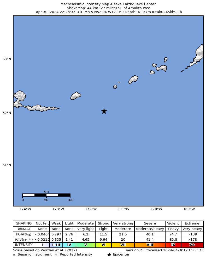 USGS ShakeMap intensity contours for the M3.7 earthquake near 180 km E of Atka, Alaska