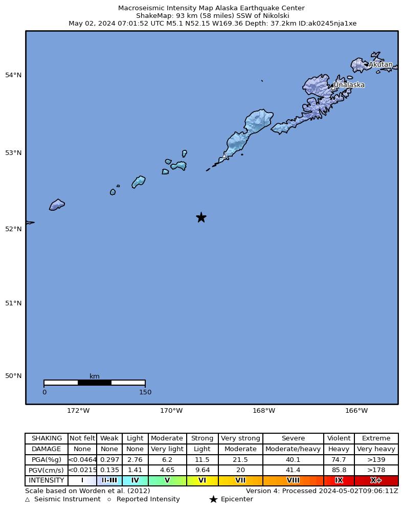 USGS ShakeMap intensity contours for the M5.1 earthquake near 110 km SSW of Nikolski, Alaska