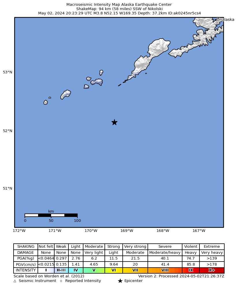 USGS ShakeMap intensity contours for the M4.0 earthquake near 106 km SSW of Nikolski, Alaska