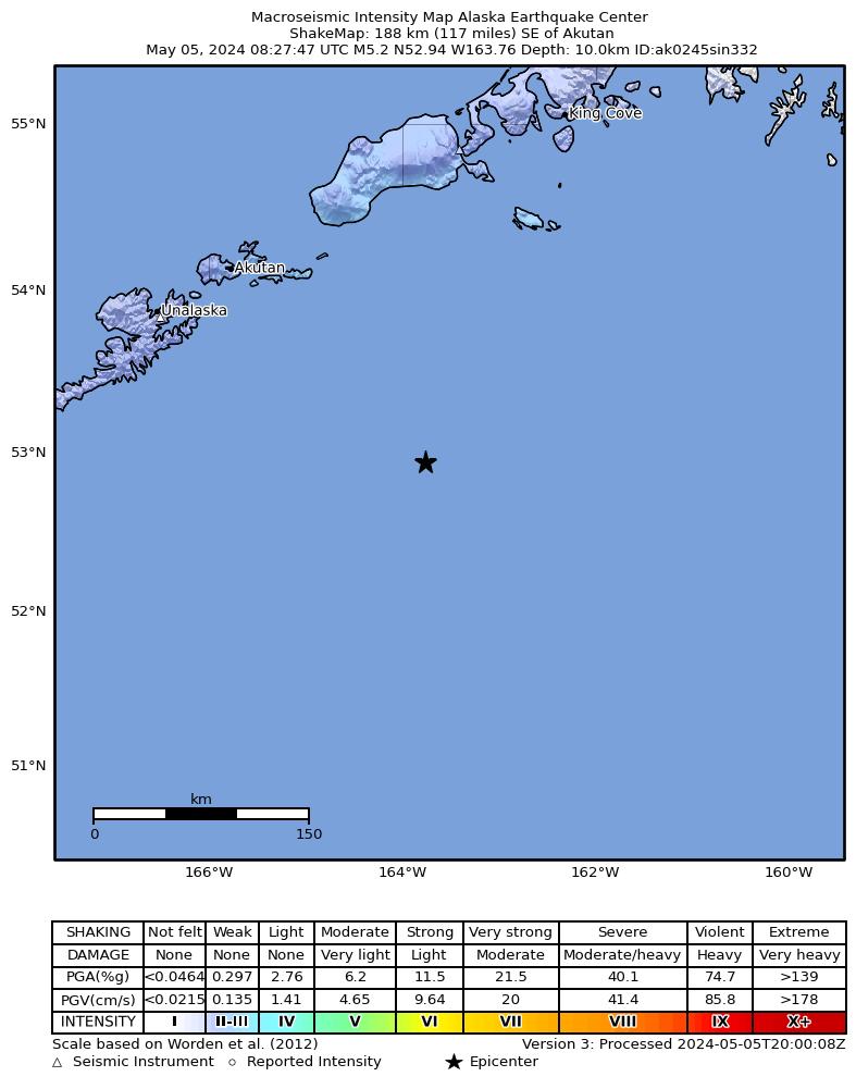 USGS ShakeMap intensity contours for the M5.2 earthquake near 187 km SE of Akutan, Alaska