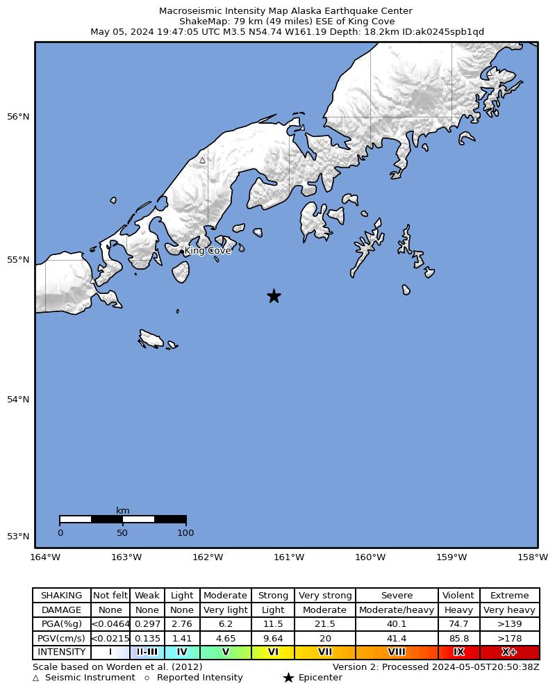 USGS ShakeMap intensity contours for the M3.9 earthquake near 81 km ESE of King Cove, Alaska