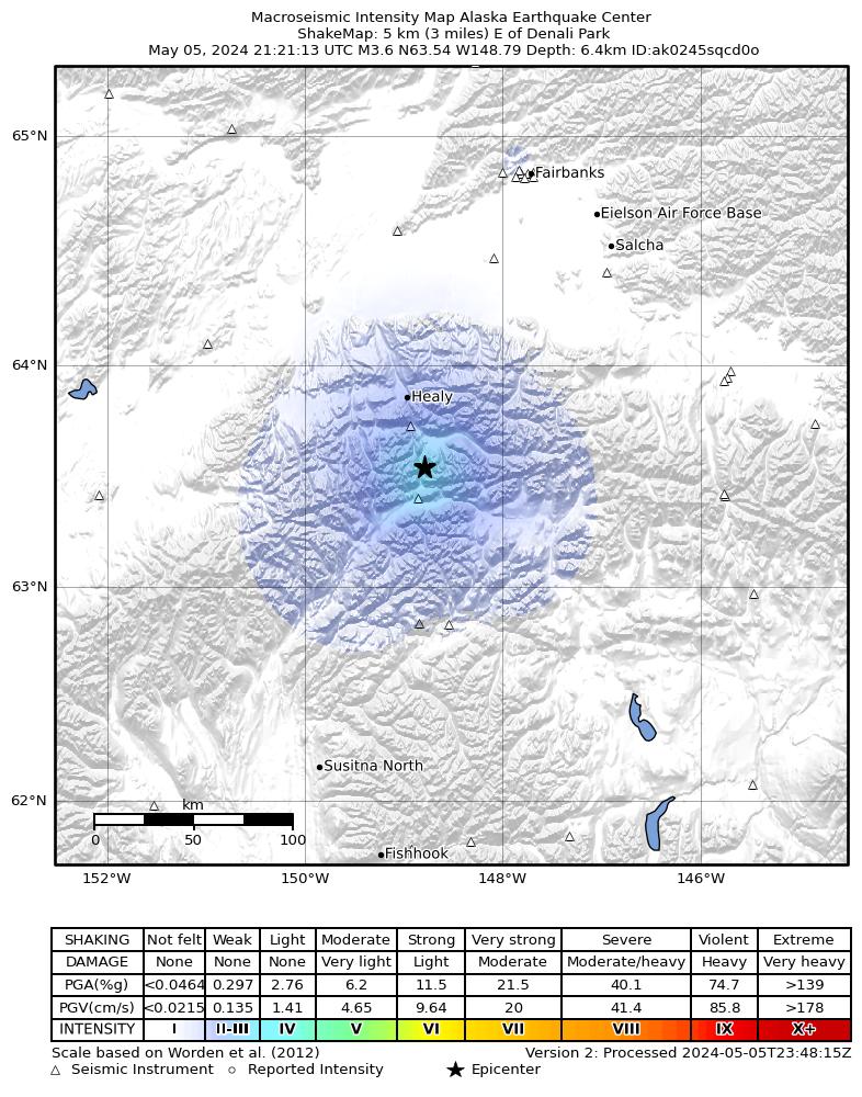 USGS ShakeMap intensity contours for the M3.6 earthquake near 15 km NNE of Cantwell, Alaska