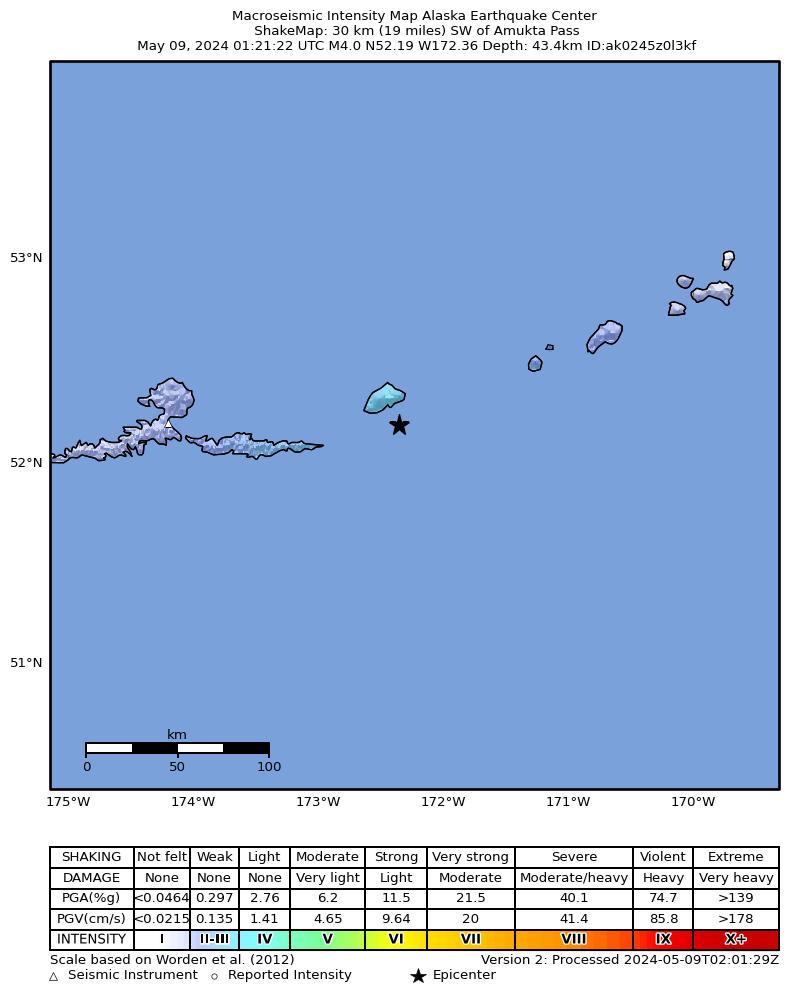 USGS ShakeMap: estimated shaking intensity around the epicenter