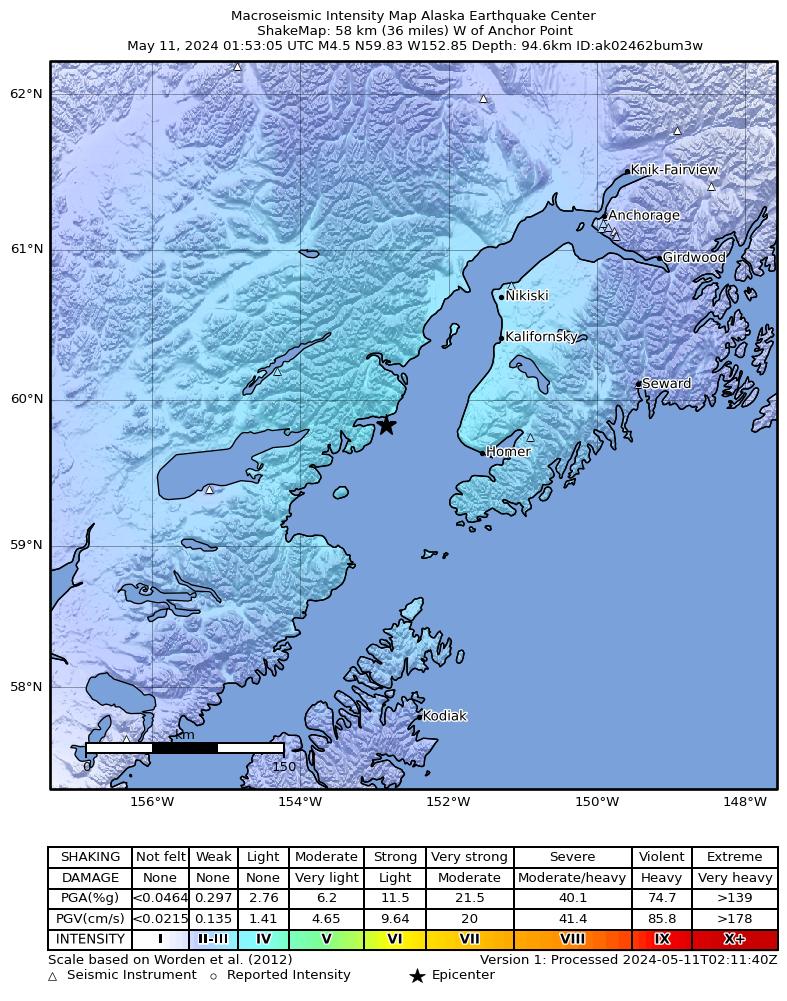 USGS ShakeMap intensity contours for the M4.8 earthquake near 57 km W of Anchor Point, Alaska