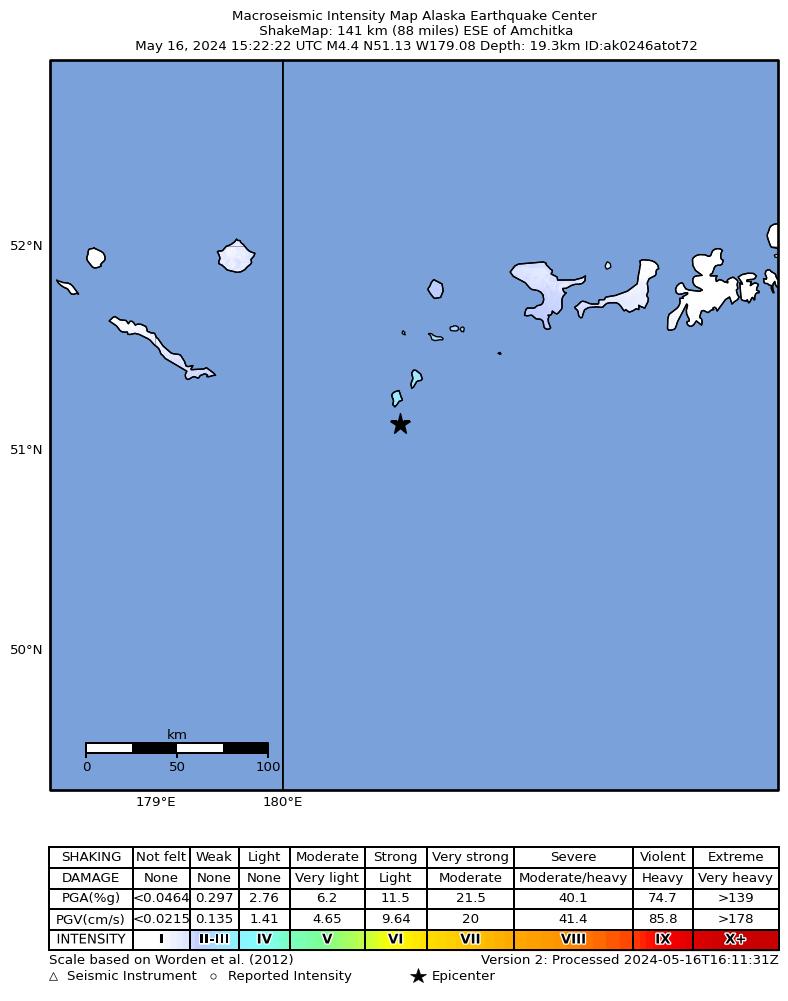 USGS ShakeMap intensity contours for the M4.5 earthquake near 188 km WSW of Adak, Alaska