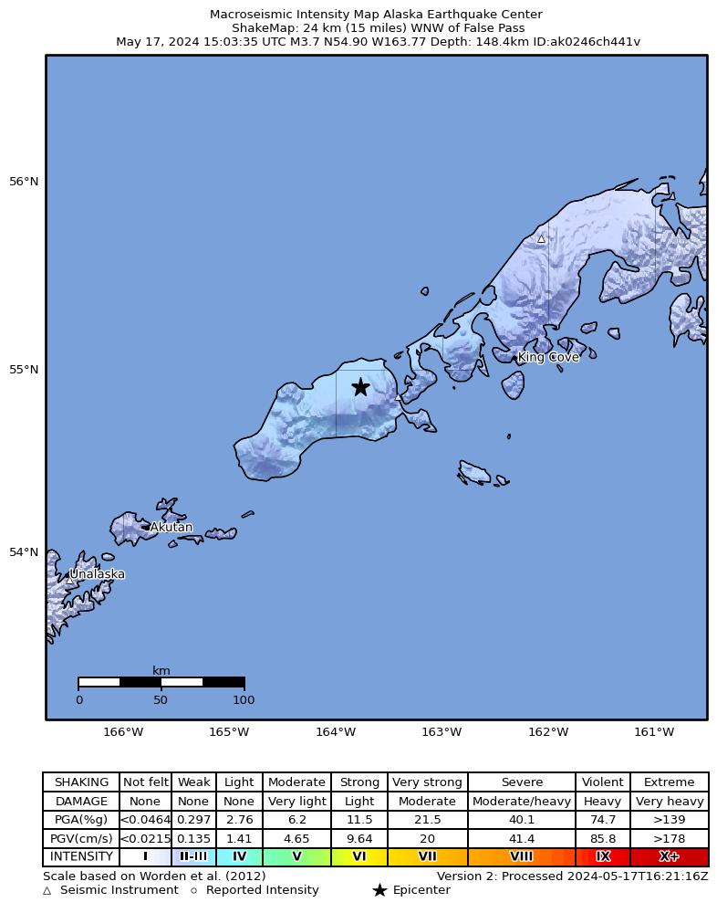 USGS ShakeMap intensity contours for the M4.2 earthquake near 37 km WNW of False Pass, Alaska