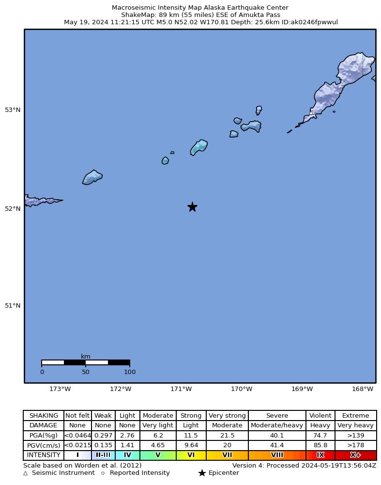 USGS ShakeMap intensity contours for the M5.0 earthquake near 159 km WSW of Nikolski, Alaska