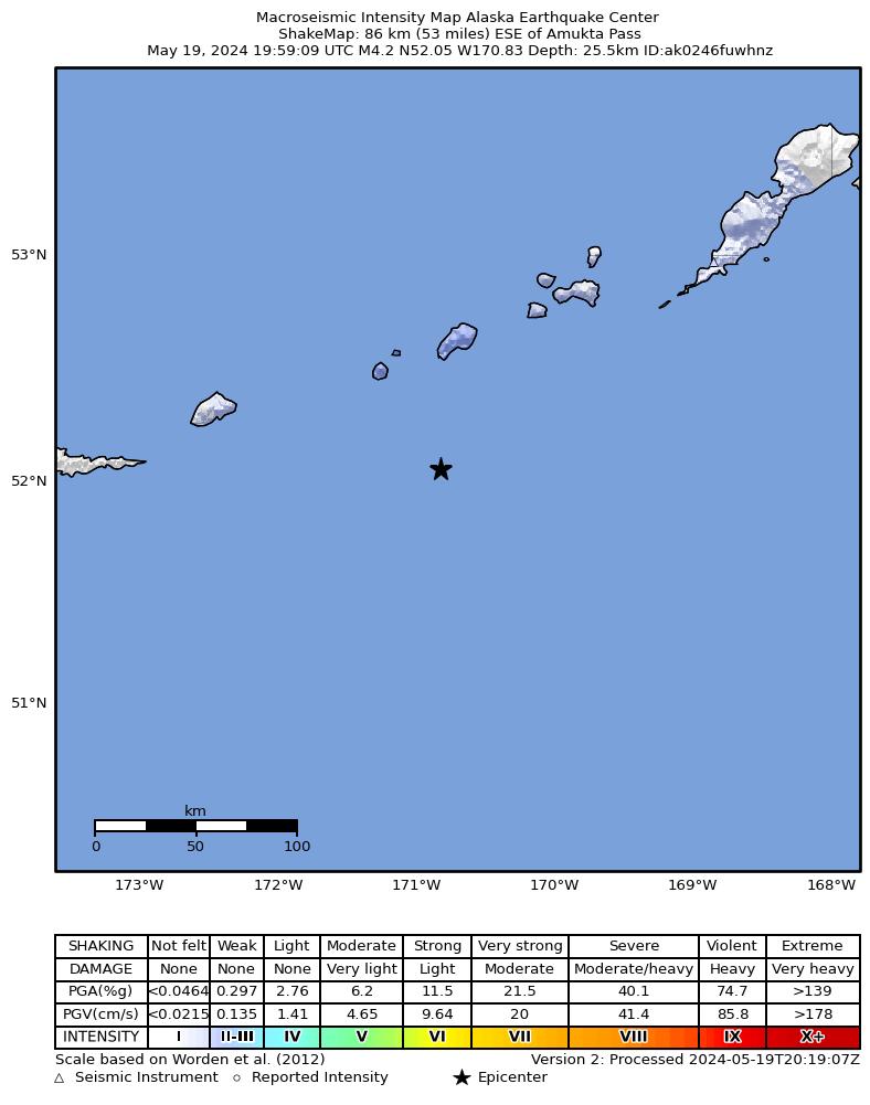 USGS ShakeMap intensity contours for the M4.5 earthquake near 159 km WSW of Nikolski, Alaska