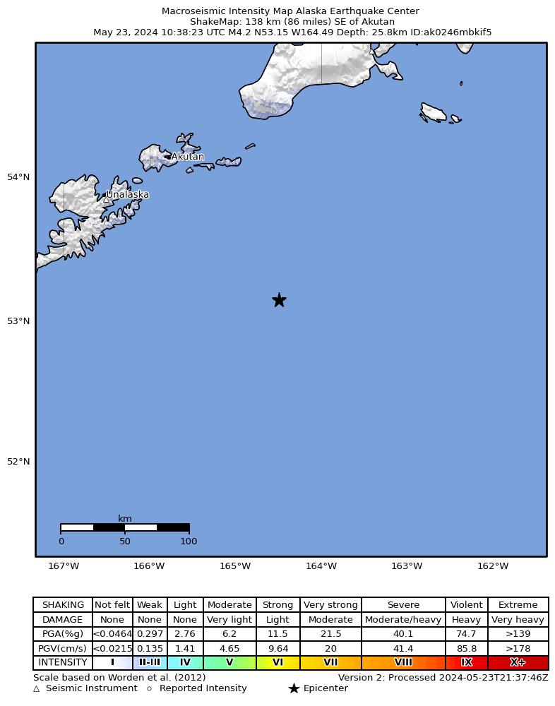 USGS ShakeMap: estimated shaking intensity around the epicenter