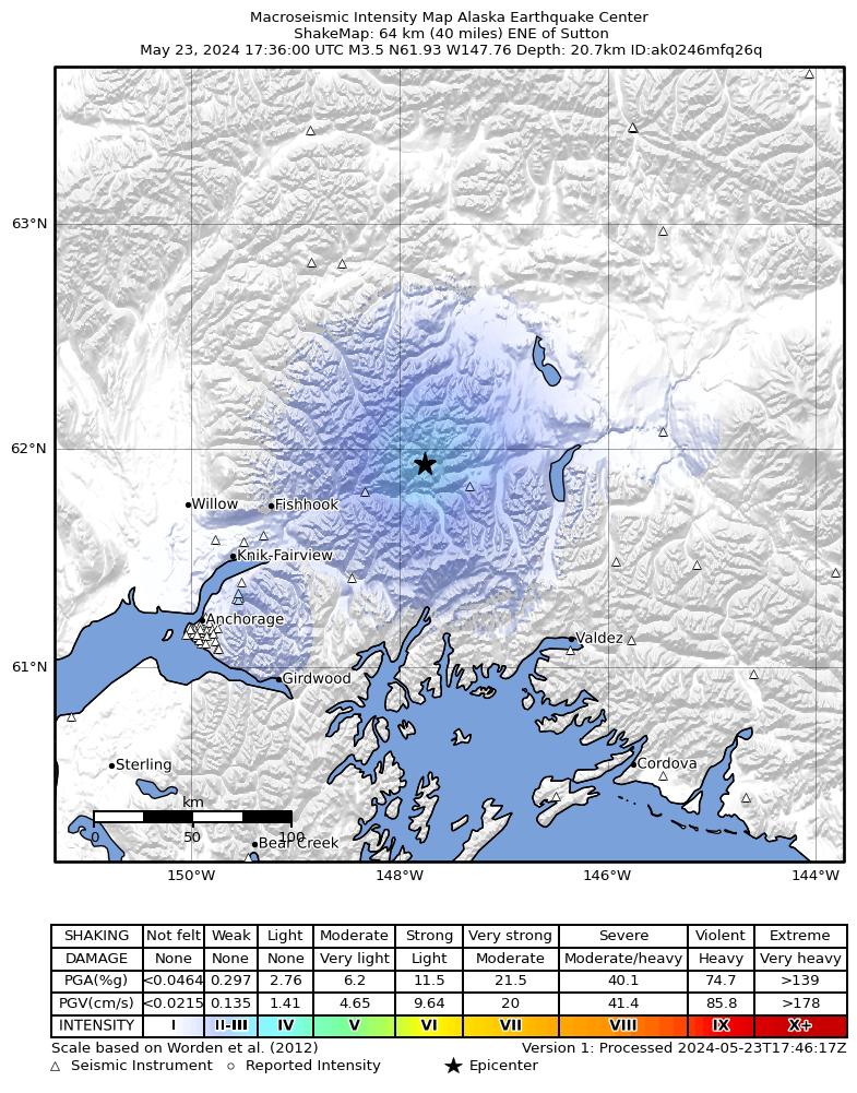 USGS ShakeMap intensity contours for the M3.4 earthquake near 13 km NNW of Glacier View, Alaska