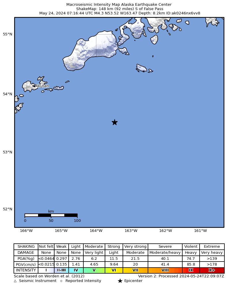 USGS ShakeMap: estimated shaking intensity around the epicenter
