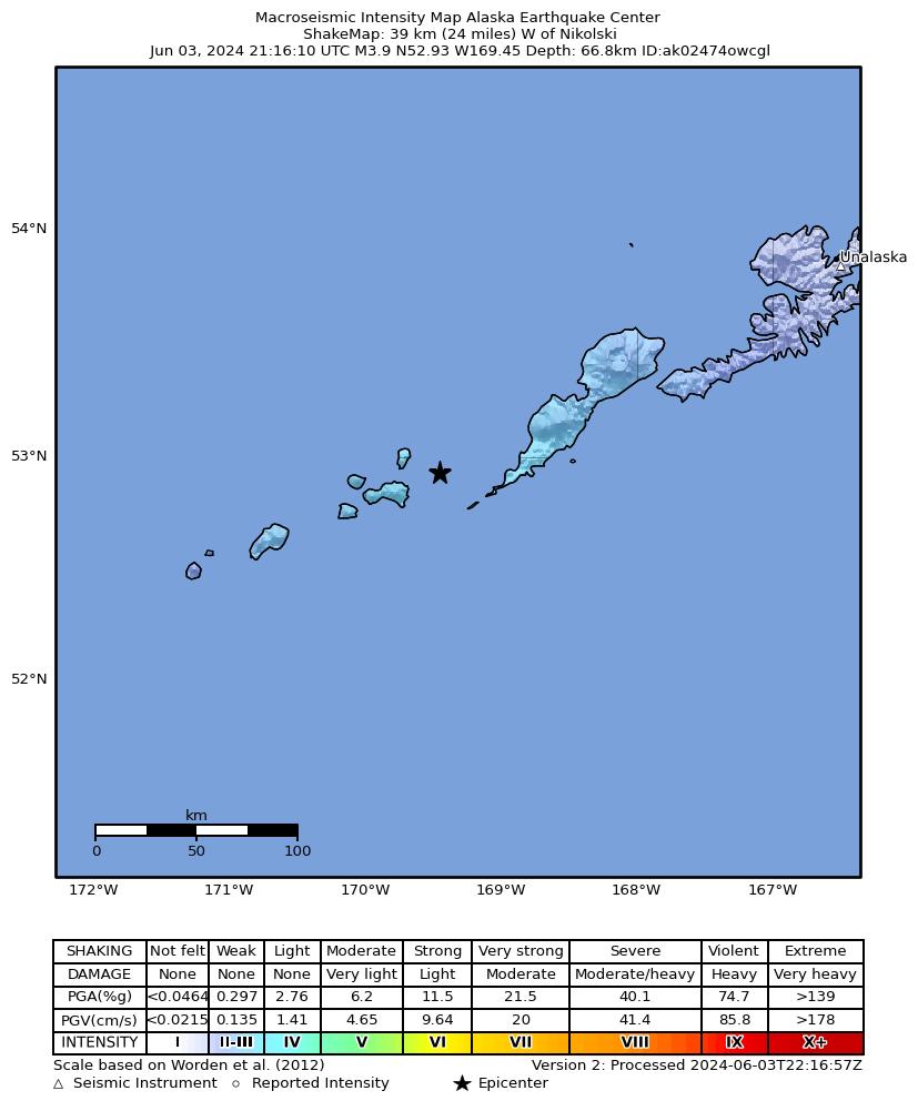 USGS ShakeMap intensity contours for the M3.7 earthquake near 37 km WSW of Nikolski, Alaska
