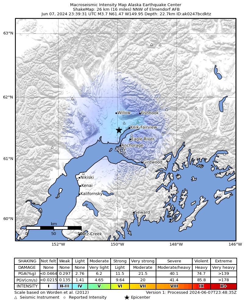 USGS ShakeMap intensity contours for the M3.5 earthquake near 4 km SE of Big Lake, Alaska