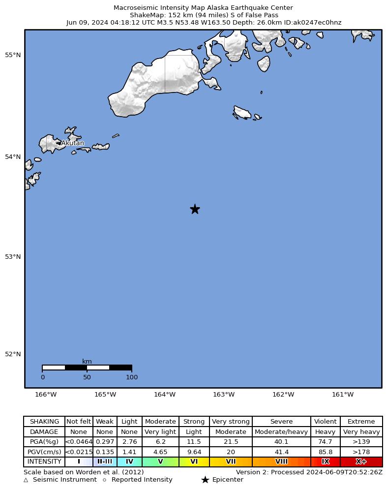 USGS ShakeMap: estimated shaking intensity around the epicenter