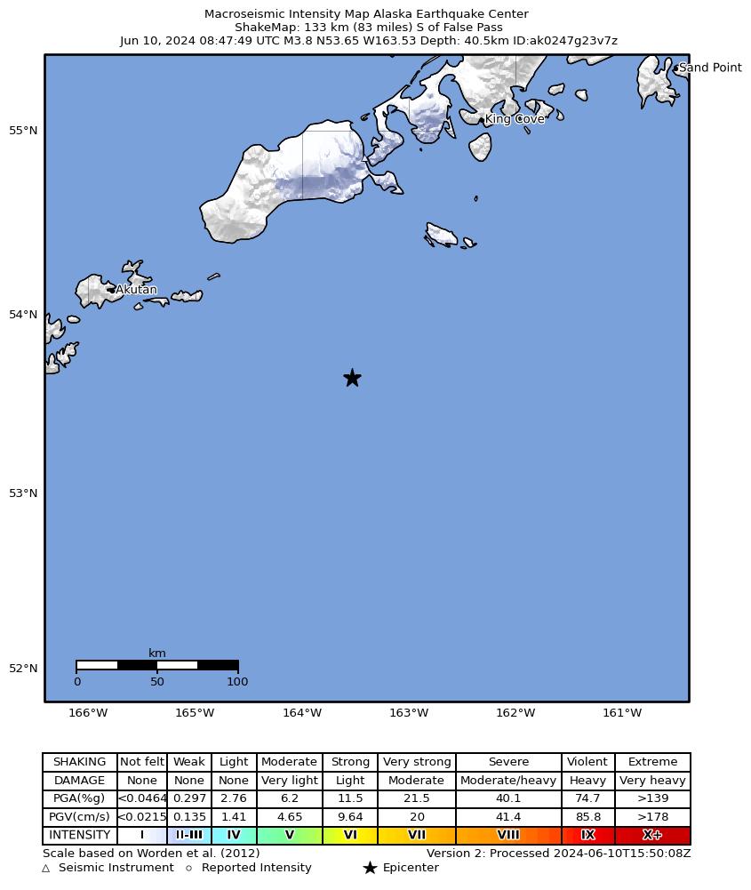USGS ShakeMap: estimated shaking intensity around the epicenter