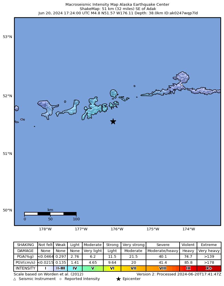 USGS ShakeMap intensity contours for the M4.6 earthquake near 35 km ESE of Adak, Alaska