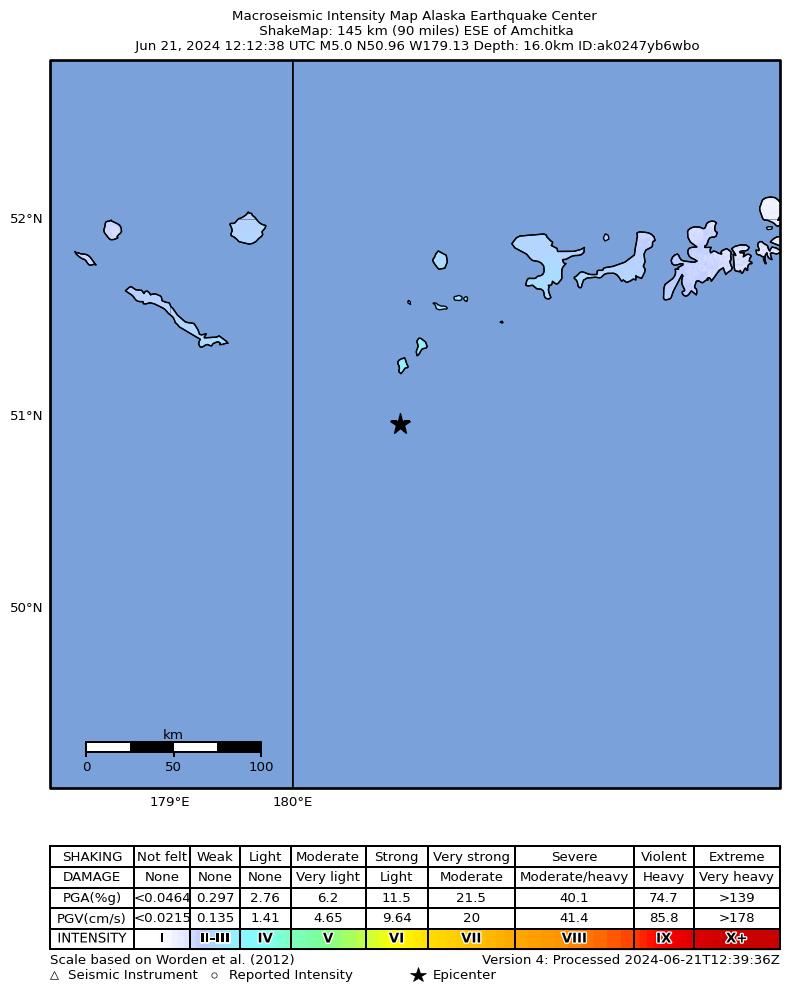 USGS ShakeMap intensity contours for the M4.8 earthquake near 193 km WSW of Adak, Alaska