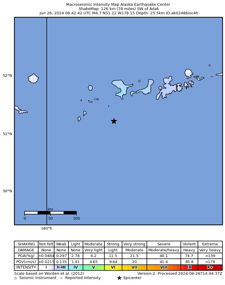 USGS ShakeMap intensity contours for the M4.7 earthquake near 129 km SW of Adak, Alaska