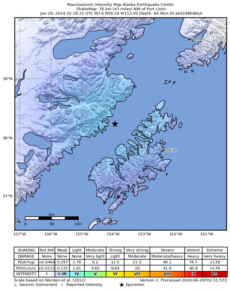 USGS ShakeMap: estimated shaking intensity around the epicenter