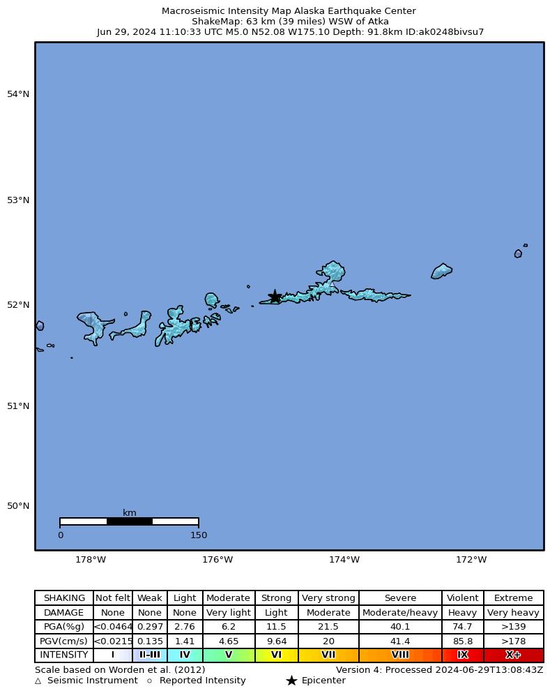 USGS ShakeMap intensity contours for the M5.0 earthquake near 66 km W of Atka, Alaska