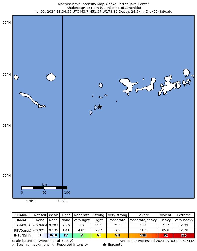 USGS ShakeMap intensity contours for the M3.8 earthquake near 158 km WSW of Adak, Alaska