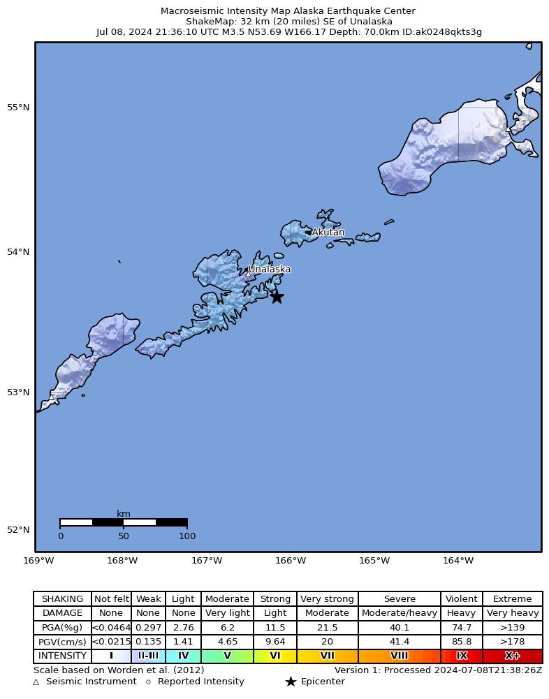 USGS ShakeMap intensity contours for the M3.4 earthquake near 14 km ESE of Unalaska, Alaska