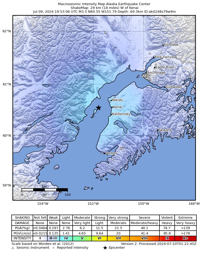 USGS ShakeMap intensity contours for the M3.5 earthquake near 26 km WSW of Salamatof, Alaska