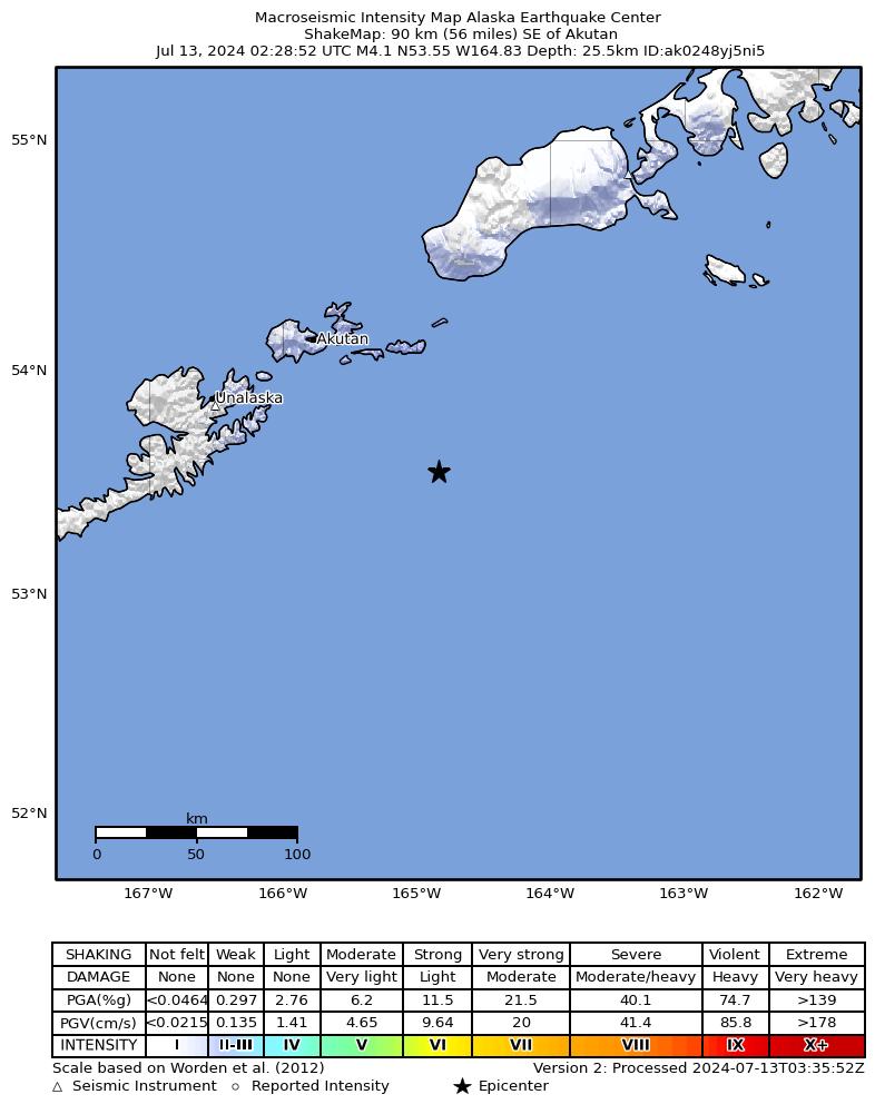 USGS ShakeMap intensity contours for the M4.7 earthquake near 87 km SE of Akutan, Alaska