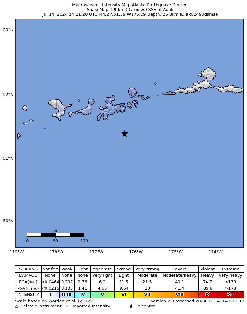 USGS ShakeMap intensity contours for the M4.1 earthquake near 53 km SSE of Adak, Alaska