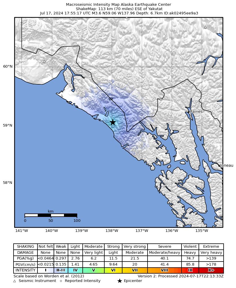 USGS ShakeMap intensity contours for the M3.6 earthquake near 113 km ESE of Yakutat, Alaska