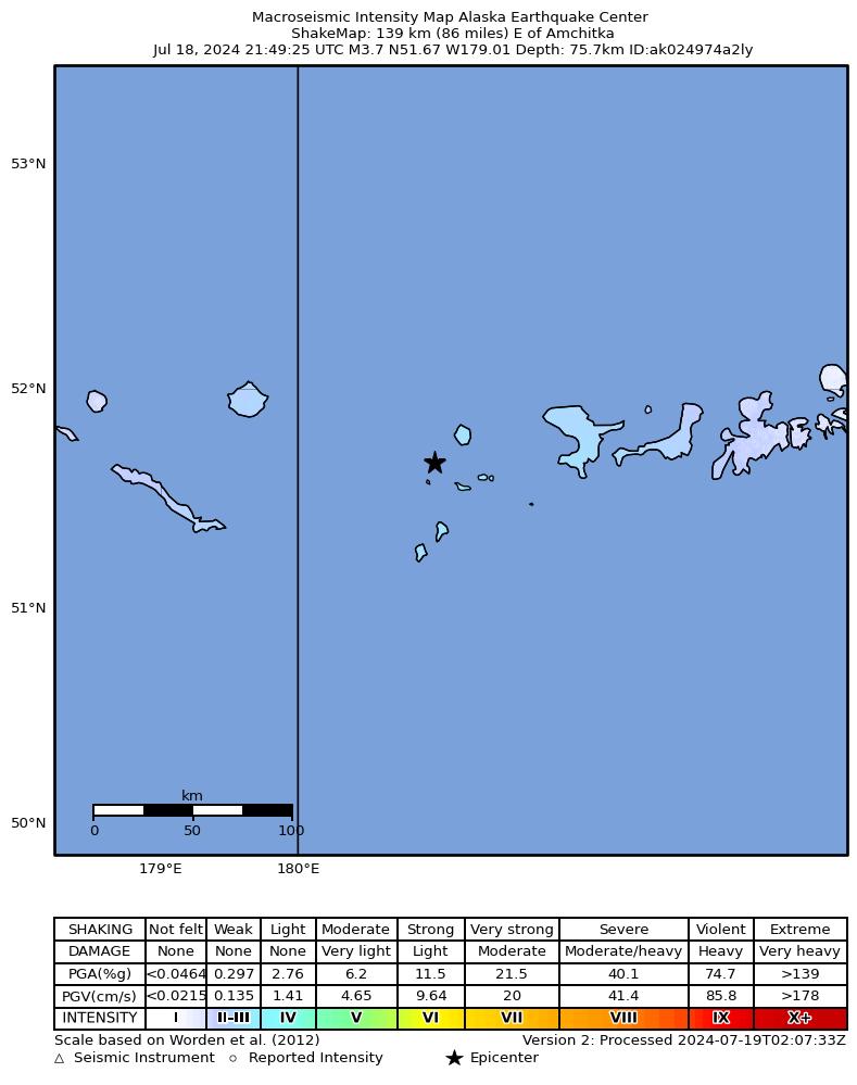 USGS ShakeMap intensity contours for the M3.7 earthquake near 166 km W of Adak, Alaska