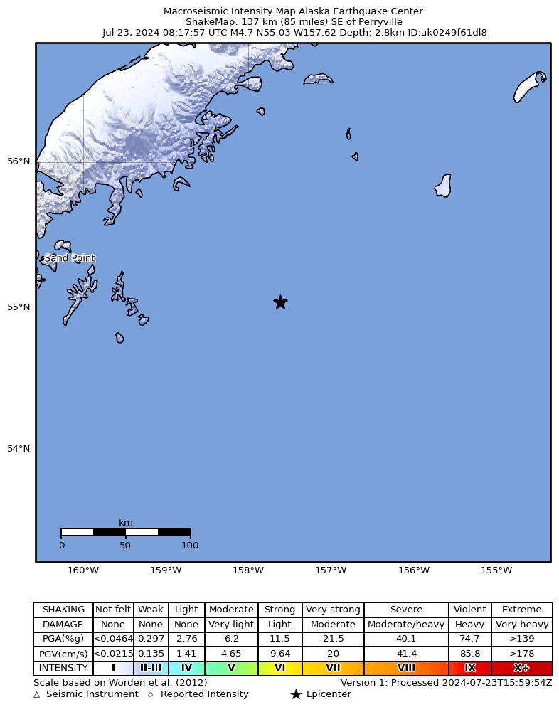 USGS ShakeMap intensity contours for the M4.7 earthquake near 143 km SE of Perryville, Alaska