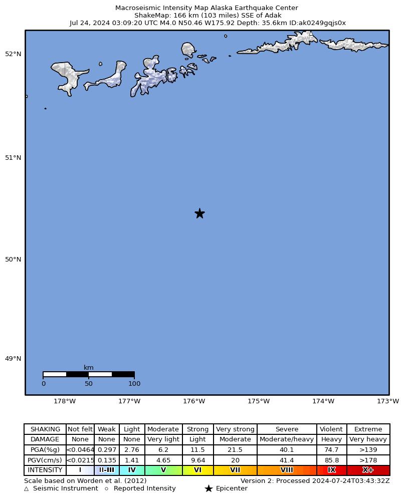 USGS ShakeMap intensity contours for the M4.6 earthquake near 164 km SSE of Adak, Alaska