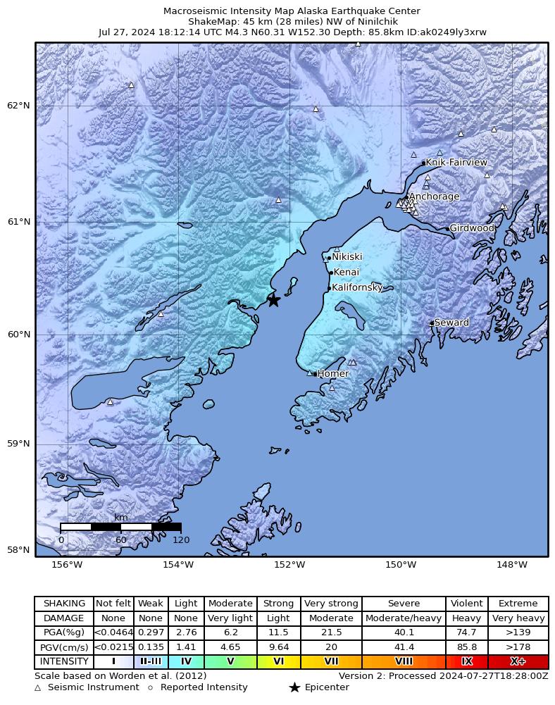 USGS ShakeMap intensity contours for the M4.5 earthquake near 47 km NW of Ninilchik, Alaska