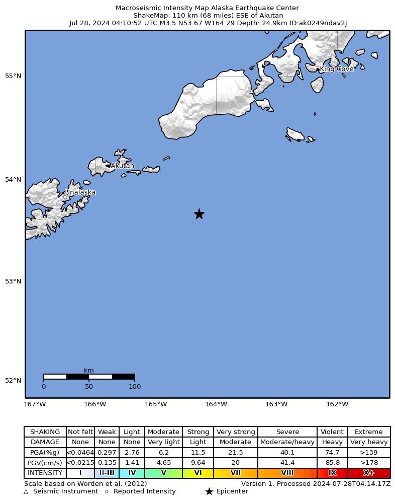 USGS ShakeMap: estimated shaking intensity around the epicenter