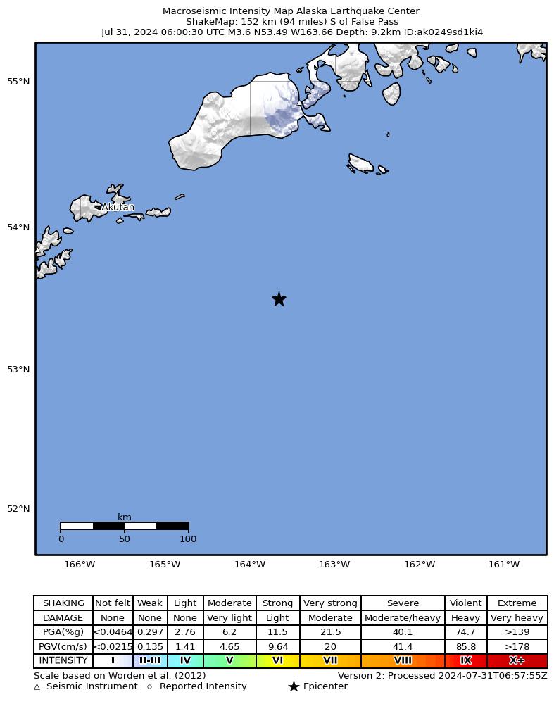 USGS ShakeMap: estimated shaking intensity around the epicenter
