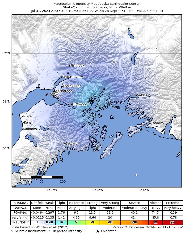 USGS ShakeMap intensity contours for the M3.8 earthquake near 33 km NE of Whittier, Alaska