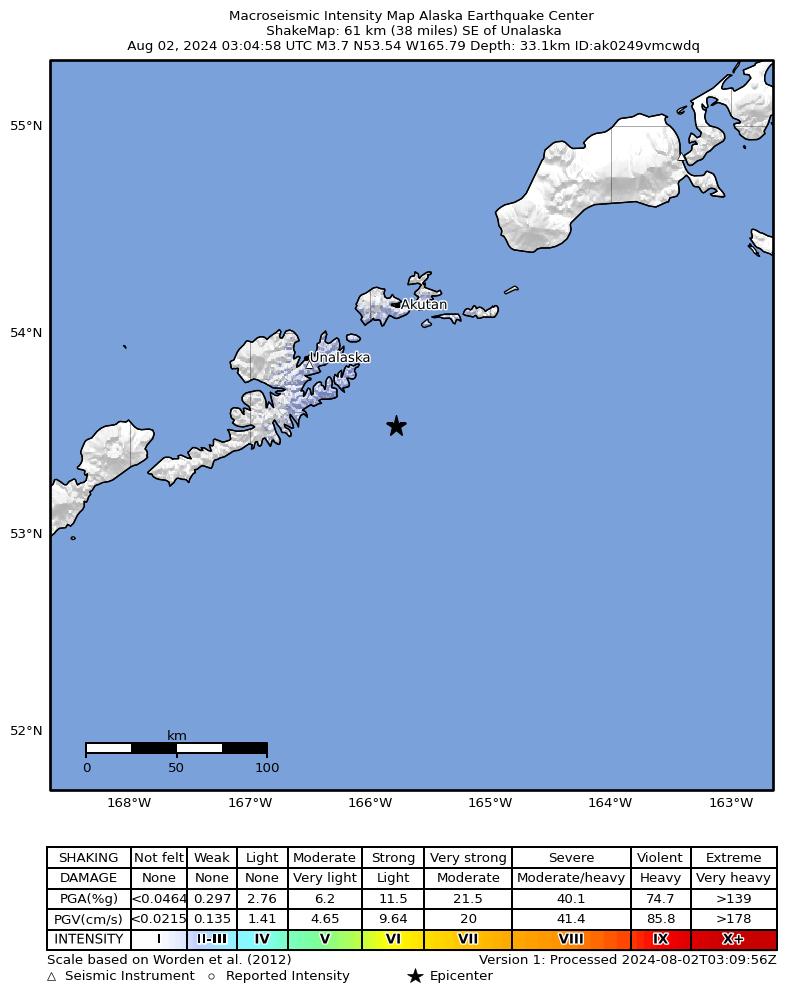 USGS ShakeMap: estimated shaking intensity around the epicenter