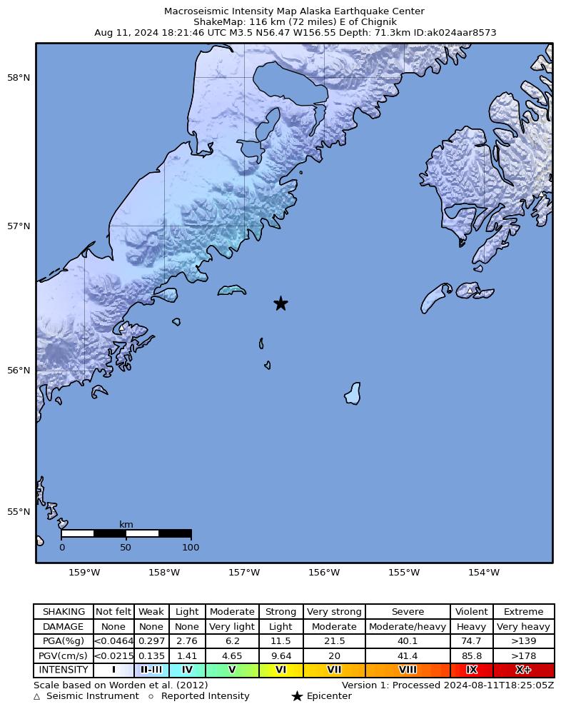 USGS ShakeMap intensity contours for the M3.3 earthquake near 112 km E of Chignik, Alaska
