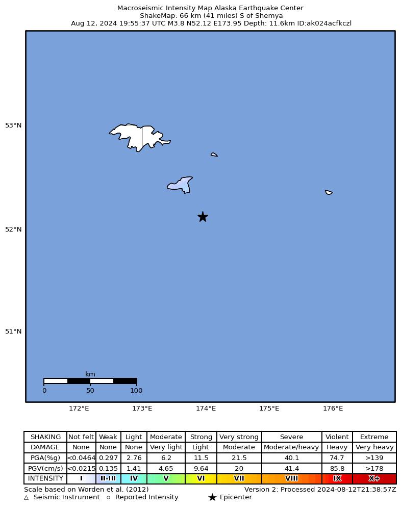 USGS ShakeMap intensity contours for the M4.4 earthquake near 98 km SE of Attu Station, Alaska