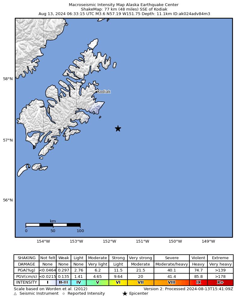 USGS ShakeMap: estimated shaking intensity around the epicenter
