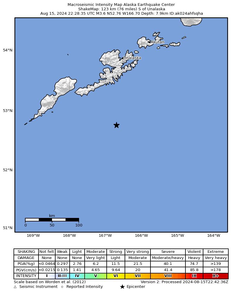 USGS ShakeMap intensity contours for the M3.8 earthquake near 122 km S of Unalaska, Alaska