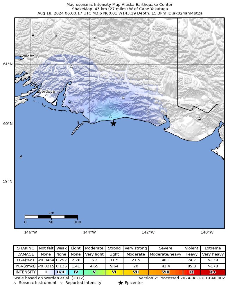 USGS ShakeMap: estimated shaking intensity around the epicenter