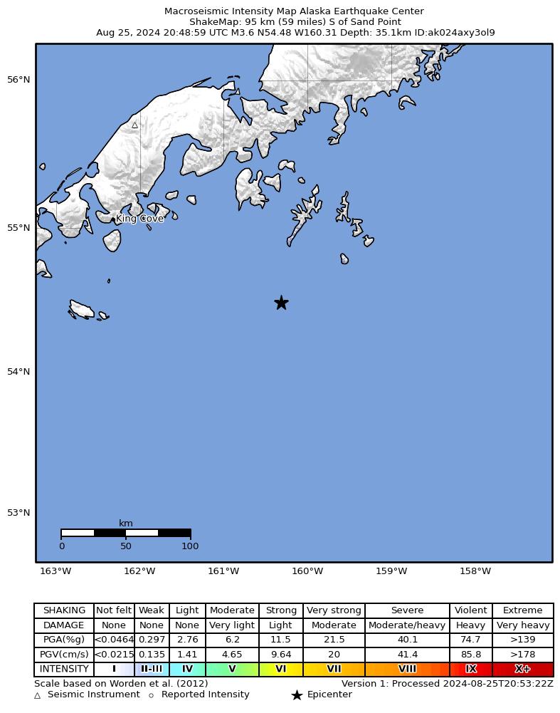 USGS ShakeMap intensity contours for the M3.6 earthquake near 111 km S of Sand Point, Alaska