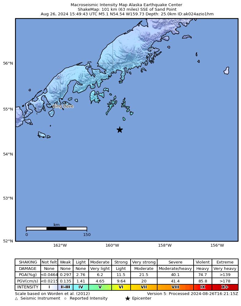 USGS ShakeMap intensity contours for the M5.1 earthquake near 95 km SSE of Sand Point, Alaska