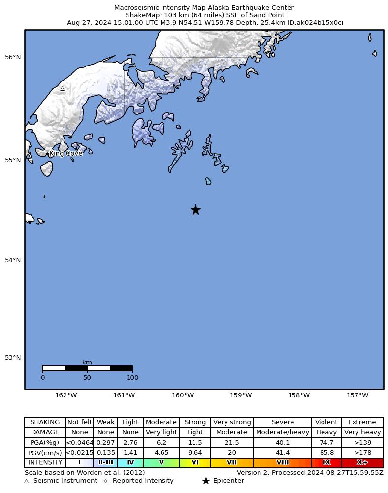 USGS ShakeMap intensity contours for the M3.8 earthquake near 114 km SSE of Sand Point, Alaska
