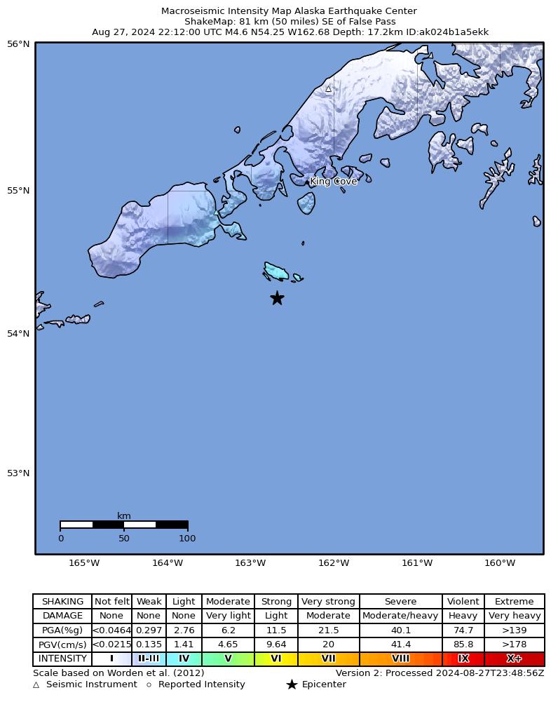 USGS ShakeMap intensity contours for the M4.5 earthquake near 70 km SE of False Pass, Alaska