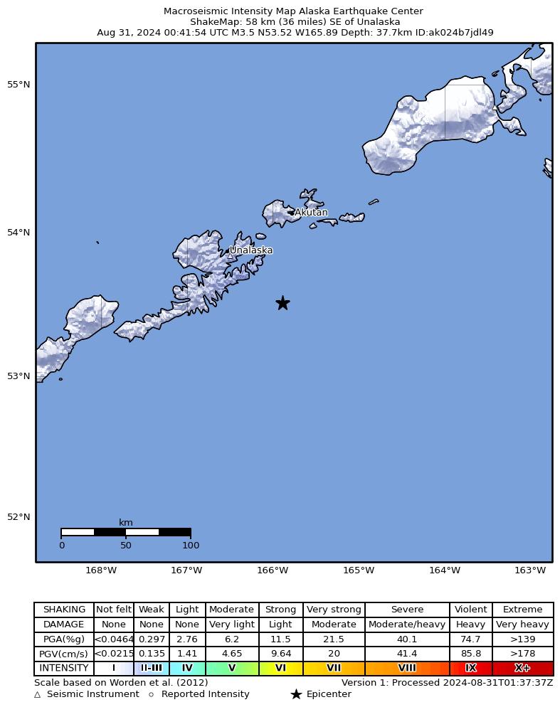 USGS ShakeMap: estimated shaking intensity around the epicenter